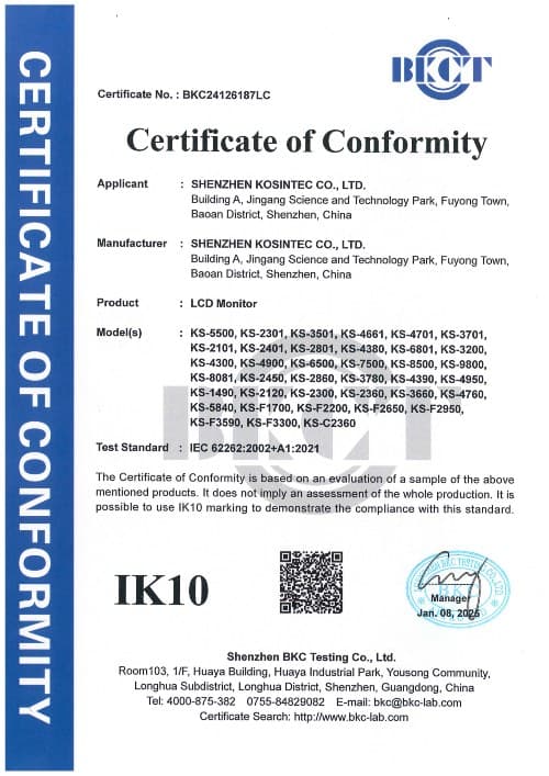 1K10 Certificate by Kiosk Manufacturer Kosintec