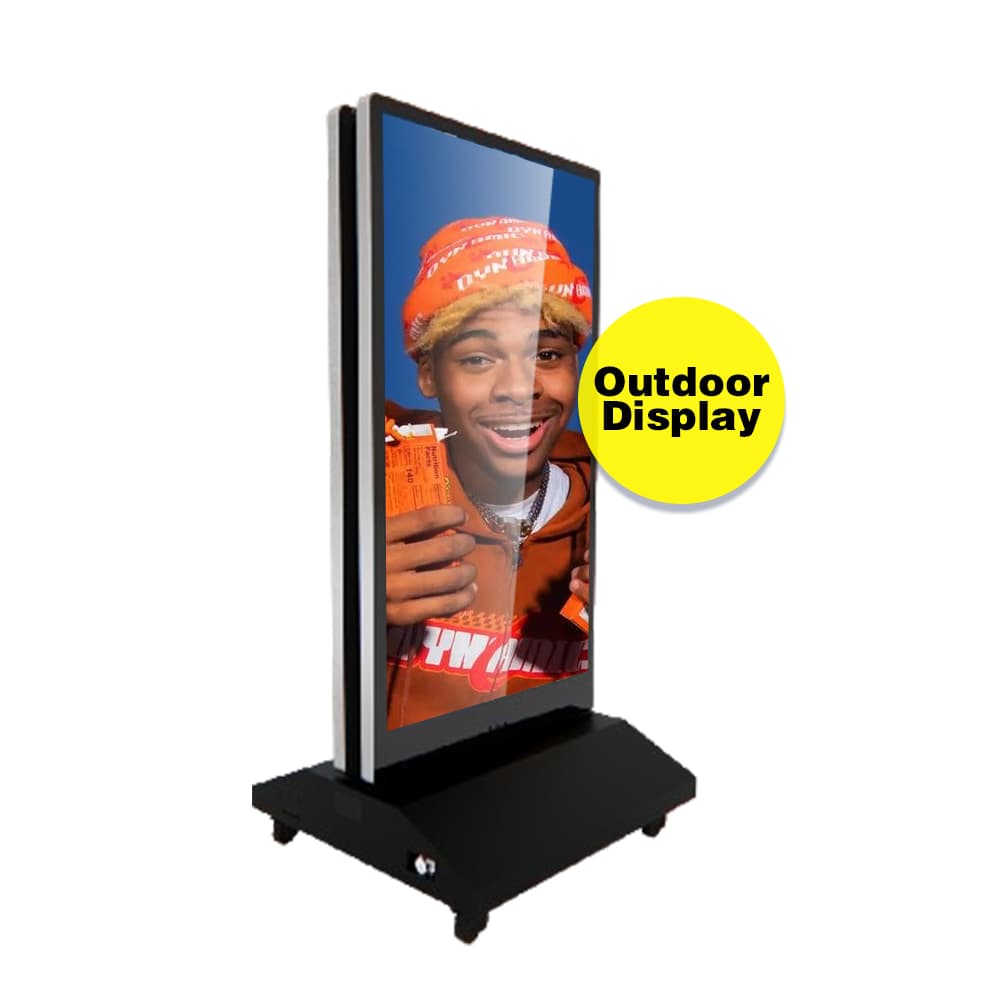 Portable Outdoor Digital Signage Kiosk including Battery Powered System and Mobile Wheels